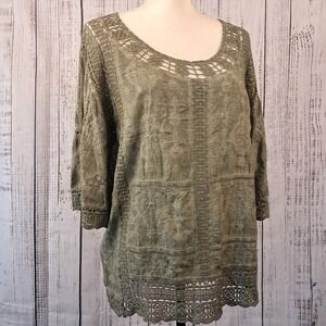DEMOCRACY S Sage Green Mineral Wash Embroidered‎ Smock Top Boho Hippie Funky